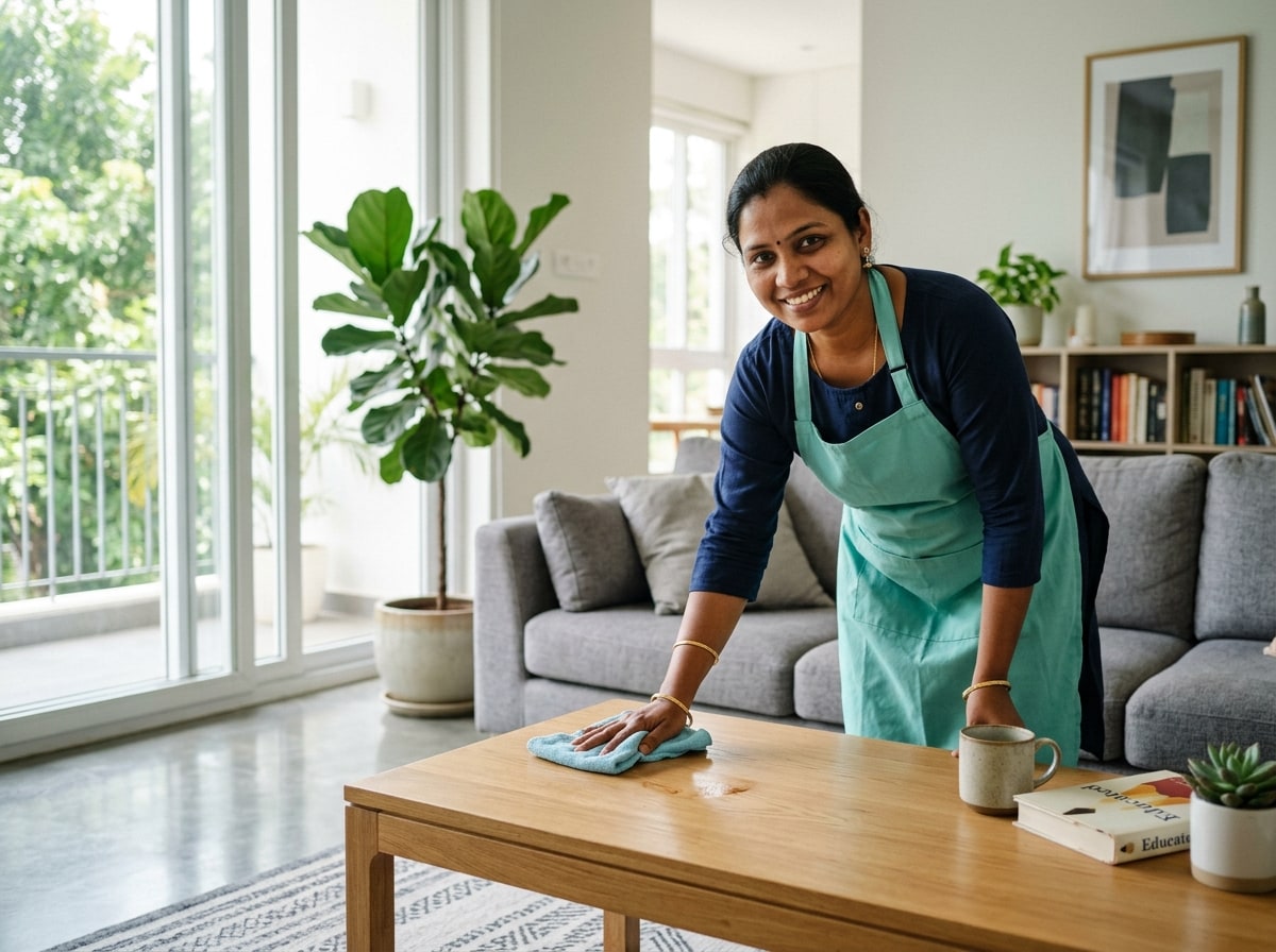Professional RENZA helper deep cleaning a modern Indian home