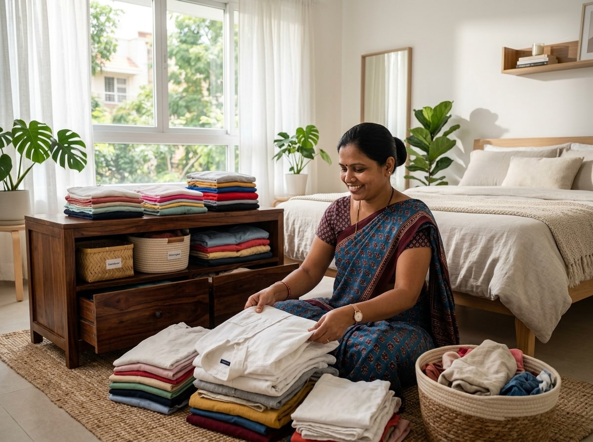 RENZA helper neatly folding and organizing fresh laundry